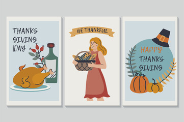 Happy Thanksgiving day set of posters in flat cartoon design. This image shows three posters decorated with Thanksgiving decorations and other cute elements. Vector illustration.