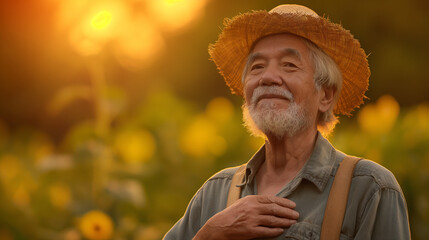 Fototapeta premium retirement hoping concept , old,happiness,, old Asian businessman in suit stand up pointing on his own heart chest in the middle 