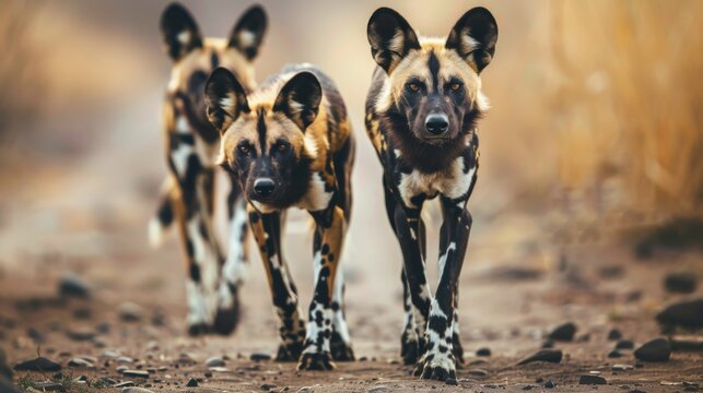 An intimate glimpse of African wild dogs walking towards the camera, showcasing their unique fur patterns and strong gazes