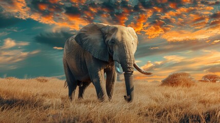 An African elephant stands under a sky ablaze with vibrant sunset colors, reflecting the wild and untamed beauty of nature - obrazy, fototapety, plakaty