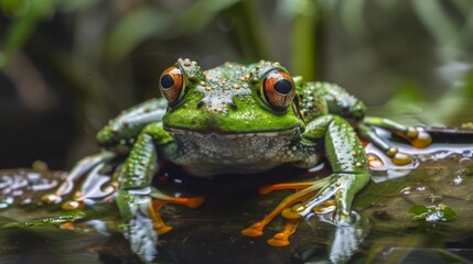 Obraz premium Close-up of a vibrant green frog with bulging eyes perched on a lily pad, embodying intrigue and adaptability of nature