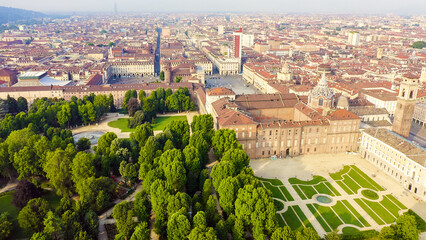 Turin, Italy. Flight over the city. Historical center, top view, Aerial View
