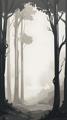 A tranquil forest scene depicted with minimalist style, focusing on the beauty of simplicity.


