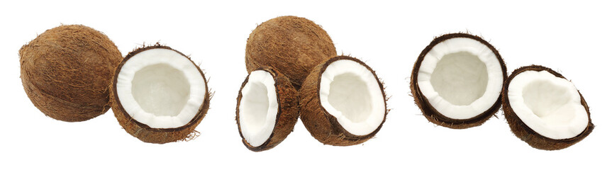 Set of Fresh Coconuts and a part of it, isolated on transparent background