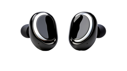 A stylish pair of black and silver ear buds, ready to deliver crystal clear sound to your ears on transparent background
