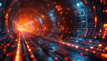 Immerse yourself in the mesmerizing journey through a futuristic tunnel, where vibrant orange and blue lights illuminate the path ahead