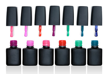 Set of Cosmetic Nail Polish Bottles and Brushes, isolated on transparent background, cosmetic concept