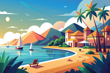 Naklejka premium A painting featuring a beach scene with multiple boats anchored near the shore, surrounded by towering palm trees