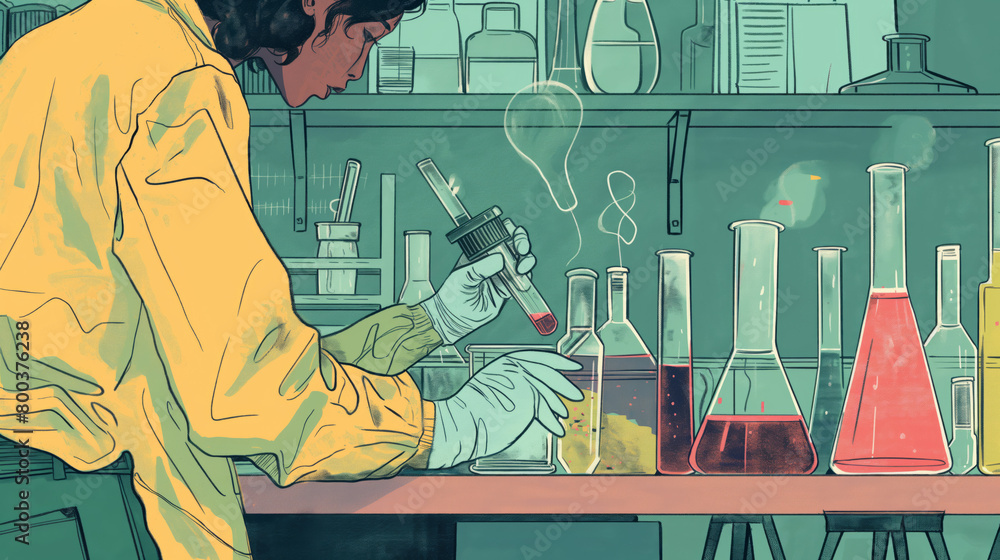 Poster an intricate illustration showing a focused scientist experimenting with colorful chemicals in a lab