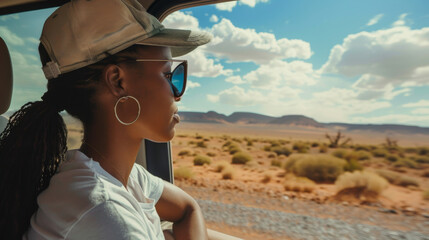 Portrait of a young African American woman enjoying the desert view from her car window. Cute black woman traveling by car. Vacation, adventure concept.
