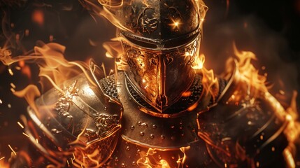 Closeup of a warrior clad in armor with flame motifs, the fire reflecting his powerful and indomitable spirit