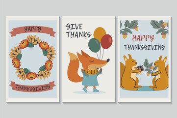 Happy Thanksgiving day set of posters in flat cartoon design. Three posters featuring pumpkins and animals holding various fall elements match perfectly together. Vector illustration.