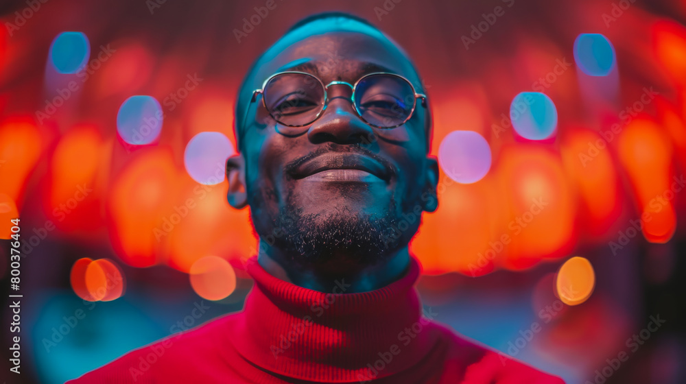 Wall mural portrait of a happy african american man posing outdoors. a young man in a bright sweater enjoys a w - Wall murals