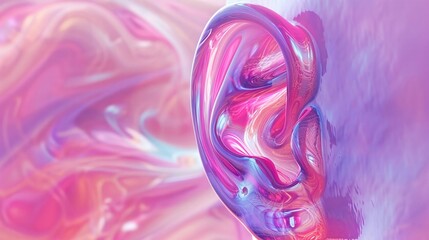 Closeup of an ear with pink liquid swirling inside, artistically depicting the internal movements of auditory processing - obrazy, fototapety, plakaty