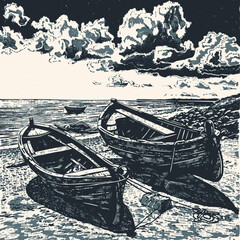 Fishing boats on the shore, vector illustration