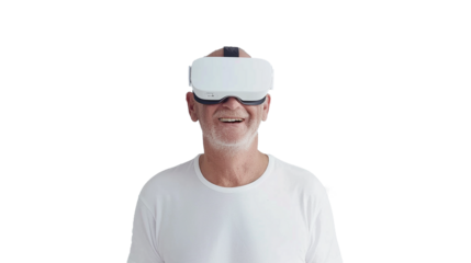 mature man in virtual reality glasses isolated on transparent background.