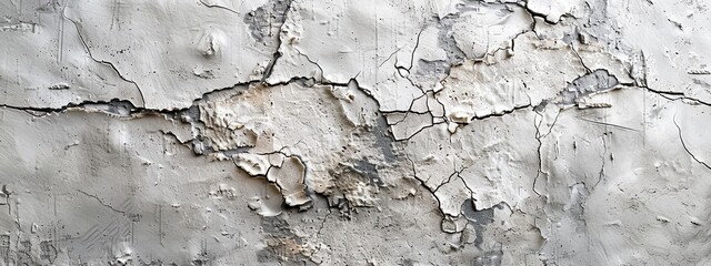 Close-up of cracked concrete and peeling white paint on a surface giving a grunge texture.