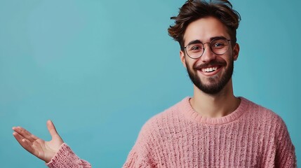 A Young handsome man with beard wearing casual sweater and glasses over blue background Inviting to enter smiling natural with open hand