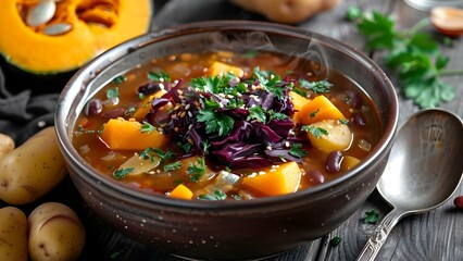 Autumn soup with pumpkin black cabbage potatoes and beans. Concept Autumn Recipes, Pumpkin Soup, Heartwarming Dishes, Seasonal Comfort Food, Vegetarian Delights