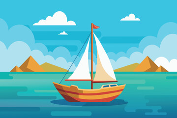 Naklejka premium A sailboat is sailing on a blue ocean with mountains in the background