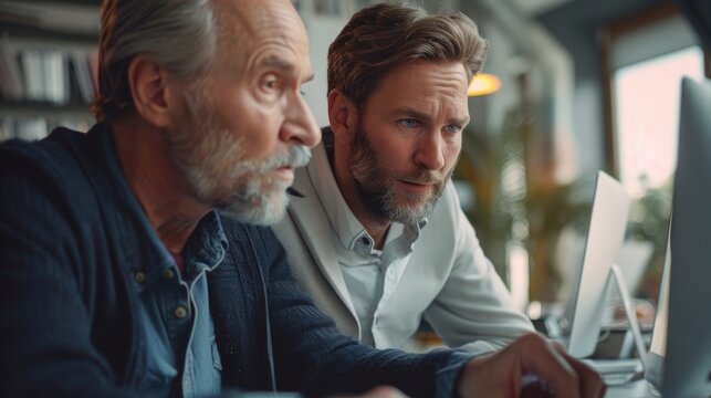 Senior manager mentoring a young intern on handling international accounts, in a busy office setting.