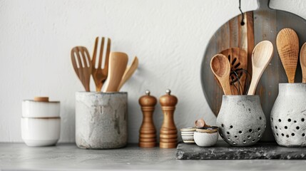 Modern kitchen utensils arrangement in a minimalist setting, featuring wooden tools and ceramic containers