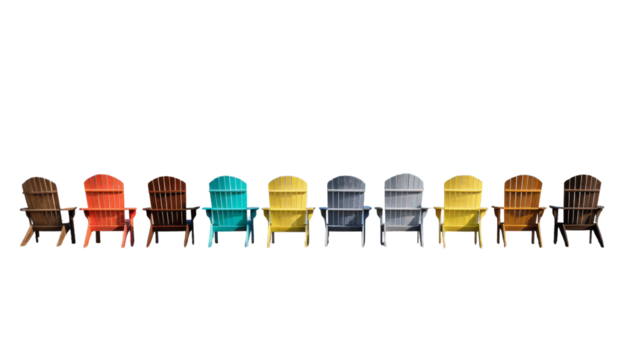 A cohesive row of chairs lined up in perfect harmony, awaiting occupants on transparent background