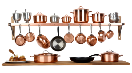 A colorful array of pots and pans neatly arranged on a wooden shelf on transparent background