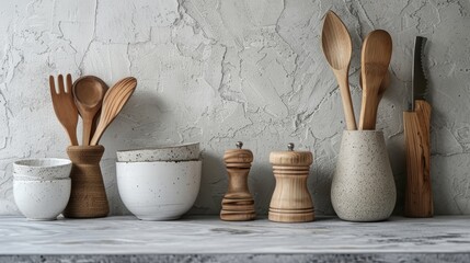 Modern kitchen utensils arrangement in a minimalist setting, featuring wooden tools and ceramic containers