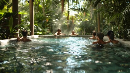 Spa guests enjoying a hydrotherapy session in a tranquil pool surrounded by lush greenery, emphasizing the natural beauty of the environment.