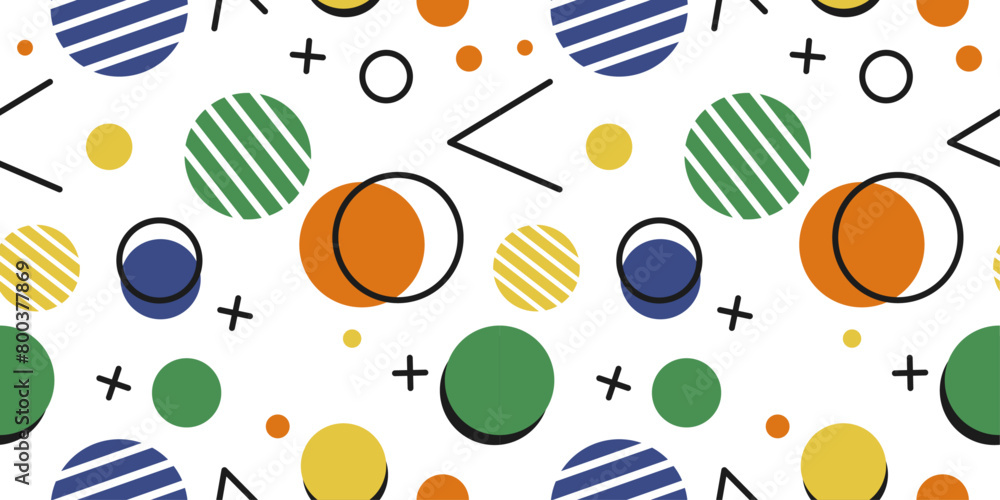 Poster bright memphis - circles, crosses and checkmarks. seamless simple and colorful memphis pattern. gree