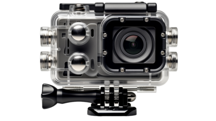 A versatile action camera mounted on a stable tripod, ready for outdoor adventures on transparent background