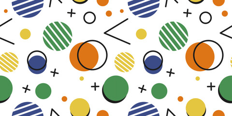 Bright Memphis - circles, crosses and checkmarks. Seamless simple and colorful memphis pattern. Green, blue and yellow colors.