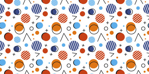 Bright Memphis - circles, squares, crosses and checkmarks. Seamless simple and colorful memphis pattern.