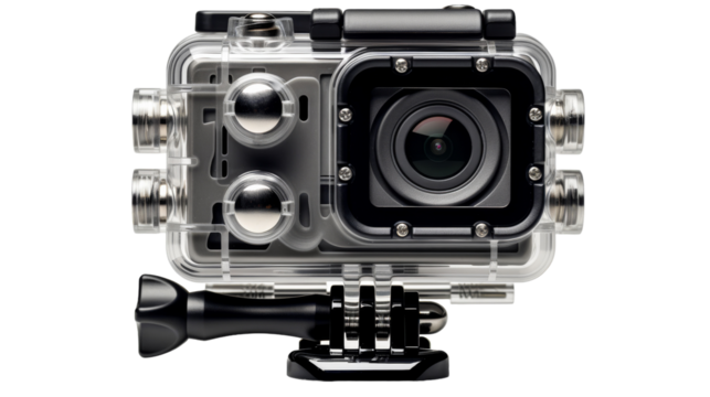 A versatile action camera mounted on a stable tripod, ready for outdoor adventures on transparent background