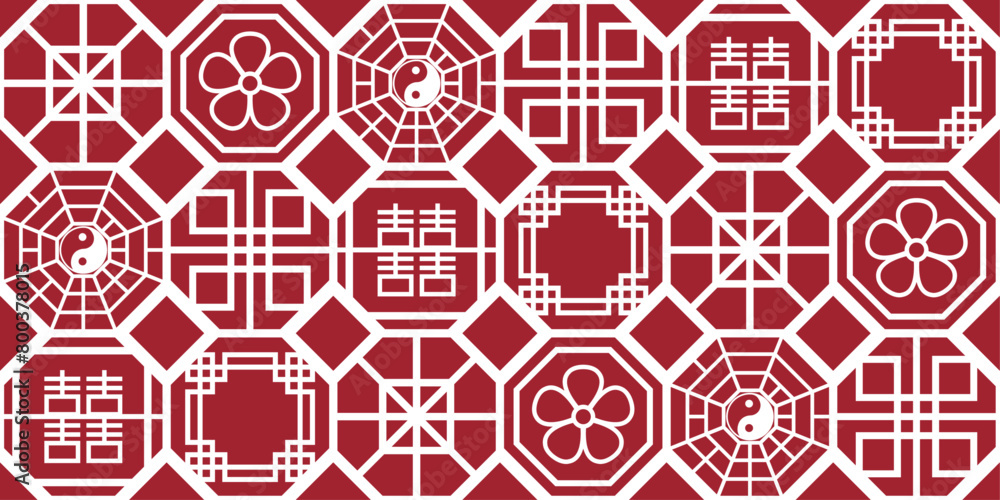 Poster chinese and japanese asian pattern. red and seamless tiles pattern.
