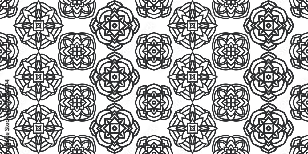 Poster ornate ornament and repeating pattern. black kaleidoscopic shapes.