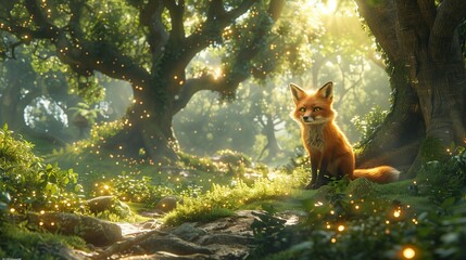 Enchanted Twilight Forest with Mysterious Fox, generative ai