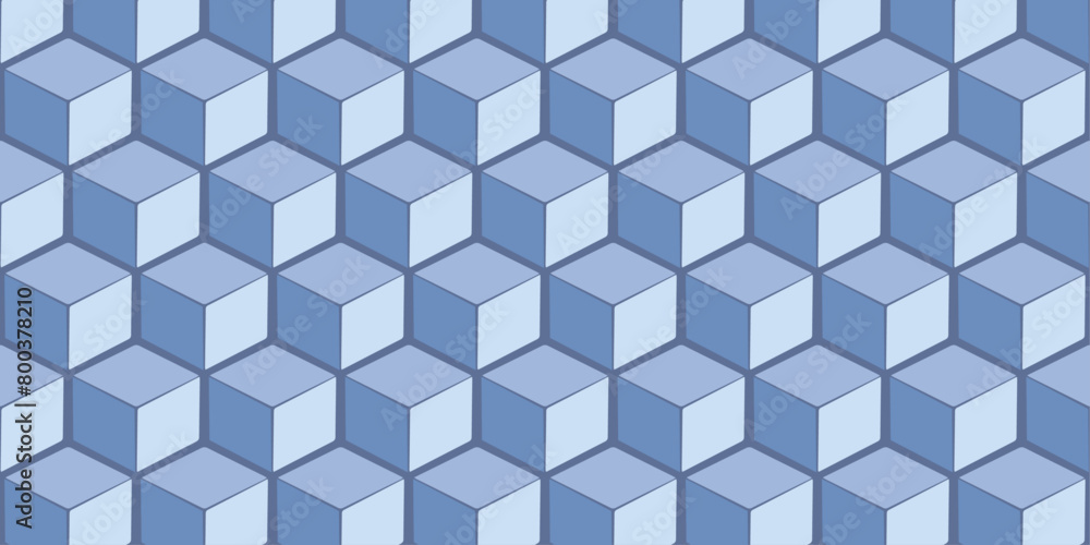 Poster 3d pattern of cubes located on top of each other. Geometric vector pattern of volumetric cubes. Blue color of cubes.