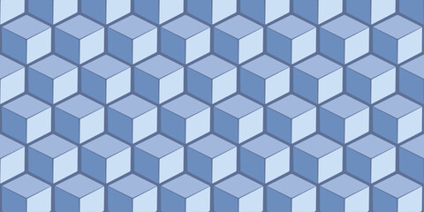 3d pattern of cubes located on top of each other. Geometric vector pattern of volumetric cubes. Blue color of cubes.