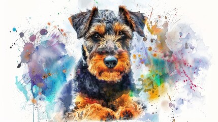A cute terrier puppy's frontal portrait with a burst of vibrant watercolor splashes behind