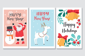 Happy holidays set of posters in flat cartoon design. Three posters depict elements of the winter holidays, such as a snowman, Santa Claus, deer and various atmospheric elements. Vector illustration.