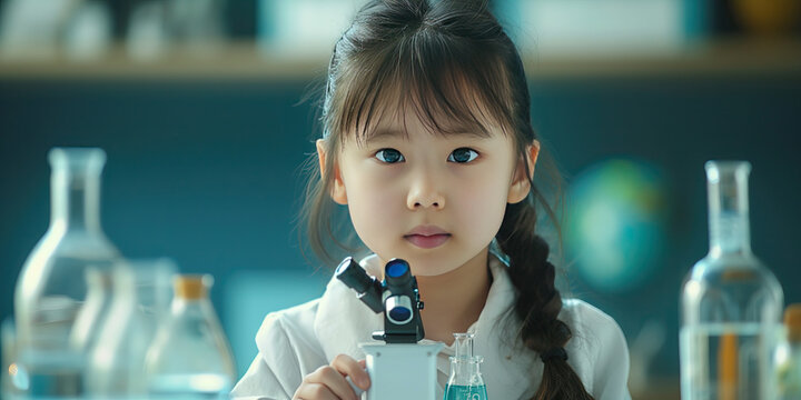 Future Biologist at Work: Girl Using Microscope. Discovery and Learning Concept. Ideal for Science Education Materials, Discovery Programs, and Young Aspiring Scientists’ Resources.