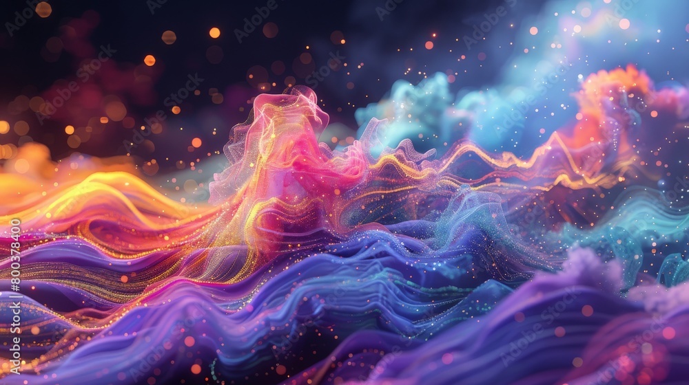 Poster a colorful data visualization of information flowing through a network, resembling a vibrant cloud f