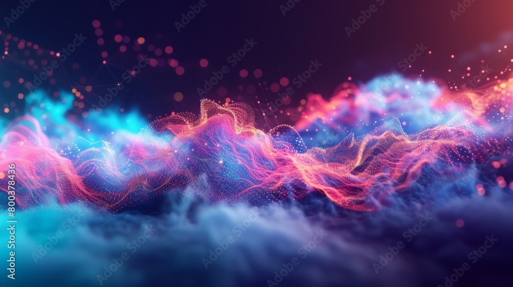 Poster a colorful data visualization of information flowing through a network, resembling a vibrant cloud f