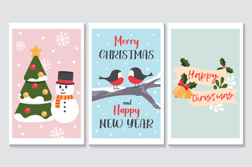 Happy holidays set of posters in flat cartoon design. The three posters feature cute elements such as a snowman and bullfinch, which show us the beauty of winter. Vector illustration.