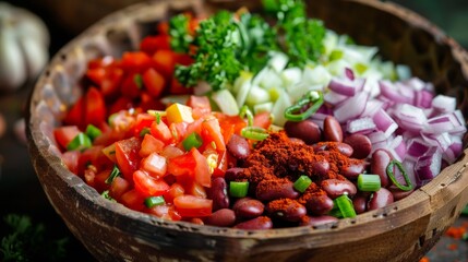 A colorful still life of chili ingredients Diced tomatoes, red kidney beans, chopped onions, and colorful spices like chili powder and cumin are arranged in a rustic wooden bowl  