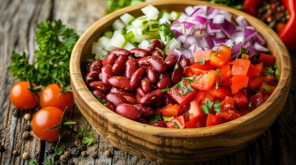 A colorful still life of chili ingredients Diced tomatoes, red kidney beans, chopped onions, and colorful spices like chili powder and cumin are arranged in a rustic wooden bowl  