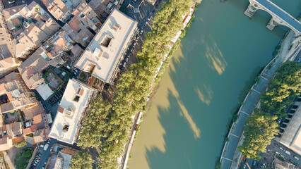 Rome, Italy. Rooftops of the city of Rome. Tiber River. Summer. Morning hours, Aerial View