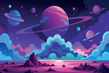 A colorful space scene with a purple sky and a purple planet in the middle